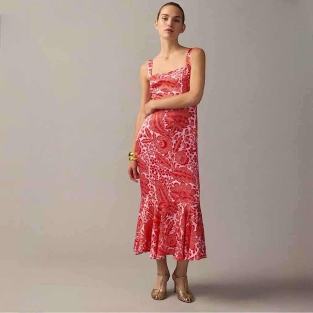 J. Crew 16 Collection midi dress fitted luster crepe‎ flare-hem coral floral